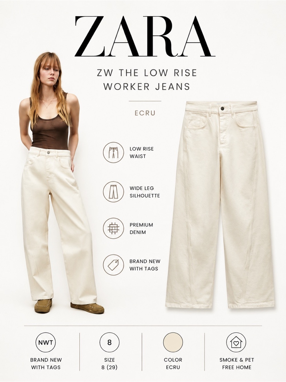 ZARA ZW Low Rise Worker Jeans Ecru Wide Leg Denim NWT Size 8 (29)